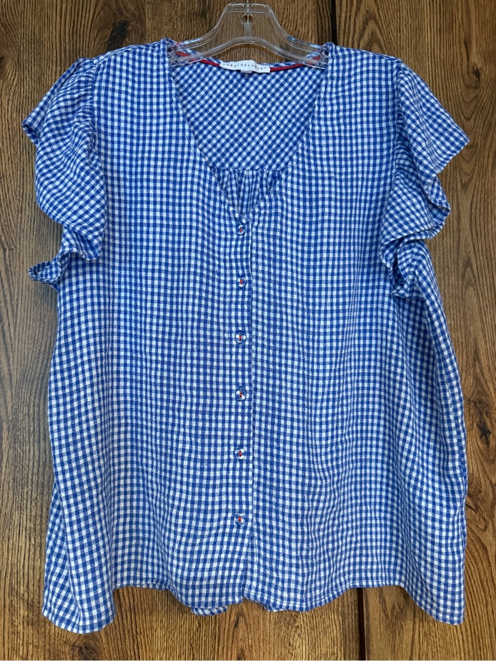 Jane and Delancey Blue Gingham Button-Front Ruffle Sleeve Blouse trimmed in Red